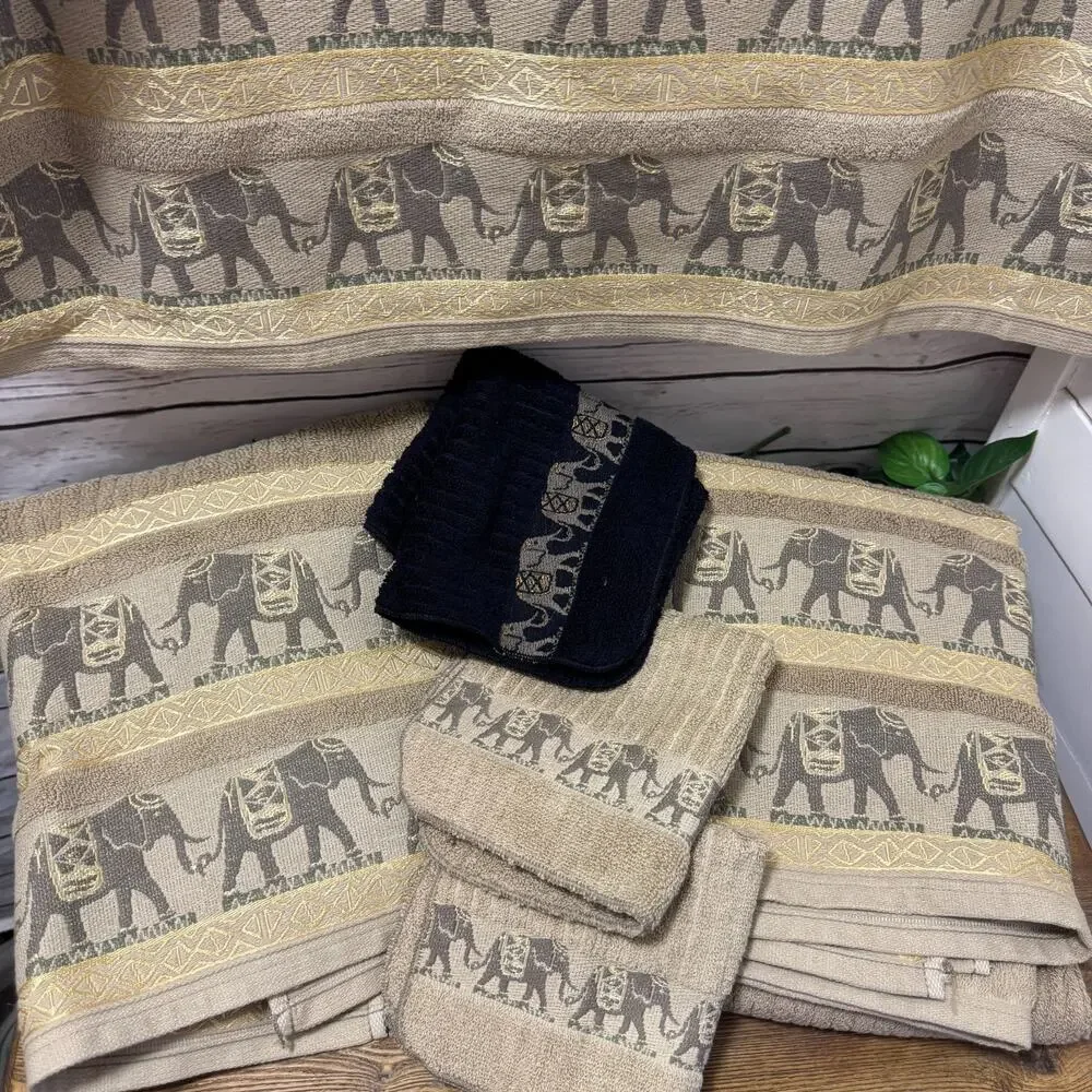 Charter Club 3 Bath Towels 4 Wash Cloth Elephant Safari Egyptian Gold Camel NEW